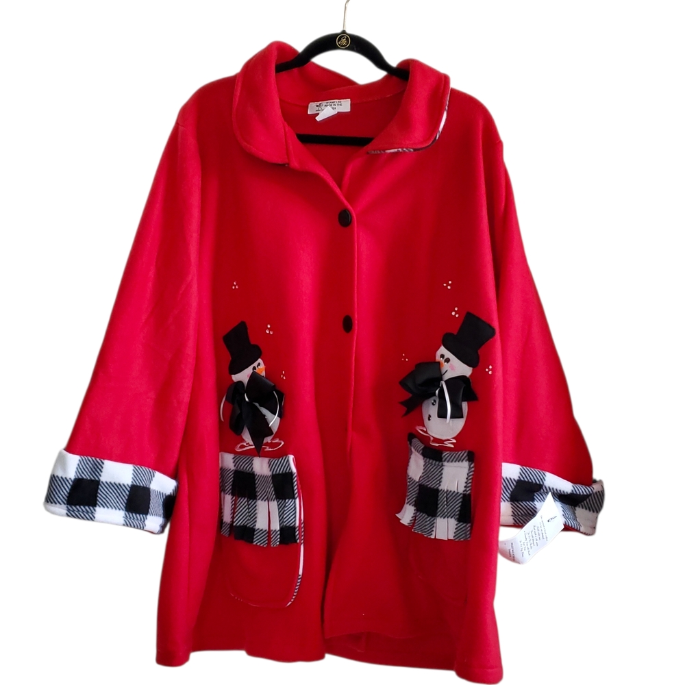 New Red Fleece Snowman and Buffalo Check Jacket/Ugly Sweater